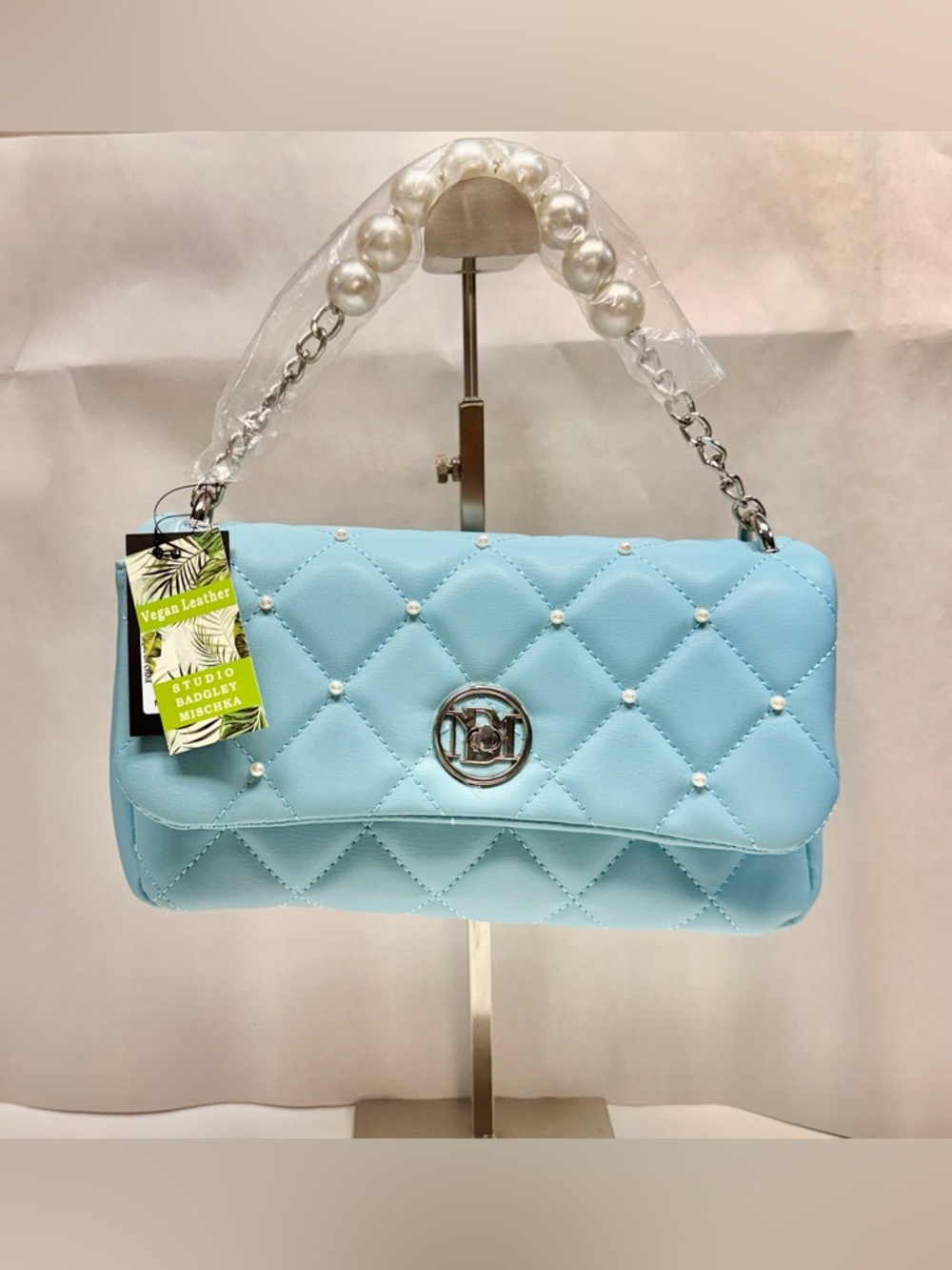 Badgley Mischka Quilted Pearl-Embellished Shoulder Bag - Light Blue. NWT